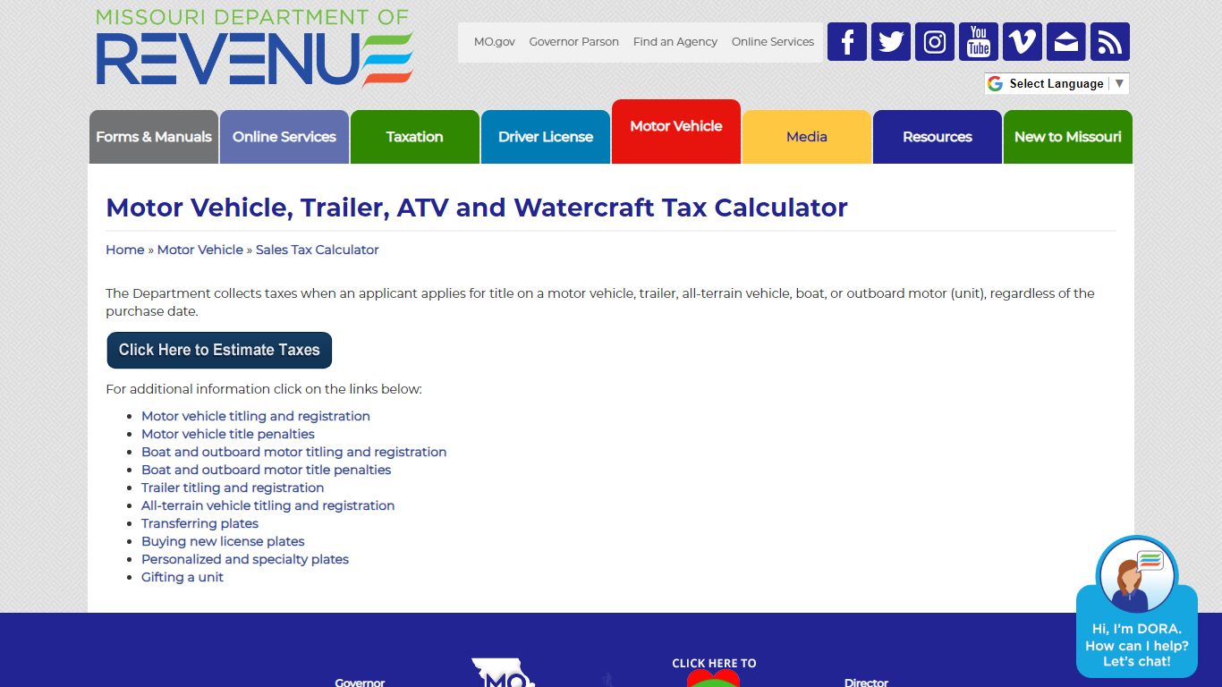 Motor Vehicle, Trailer, ATV and Watercraft Tax Calculator - Missouri